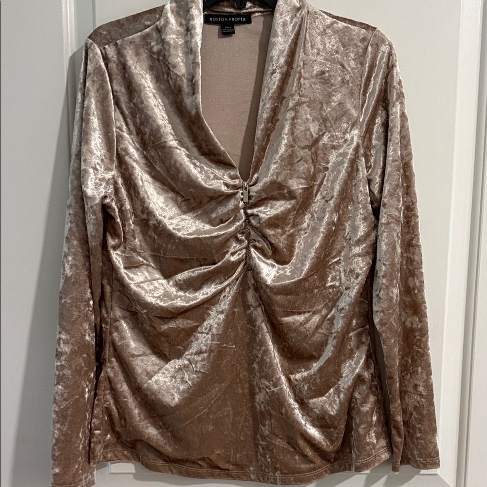 Boston Proper Champagne Crushed Velvet Ruched Quarter Zip Long-Sleeve Top